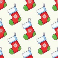 Simple vector seamless pattern of cartoon Christmas sock on beige background for textile, wallpapers, wrappers, postcard. Merry Christmas and Happy New Year concept