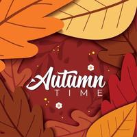 Colored leaves with shadow Autumn time paper art background Vector illustration