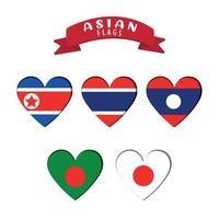 Set of heart shapes with different asian flags Vector illustration