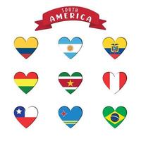 conjunto de diferentes banderas de américa del sur en forma de corazón ilustración vectorial vector