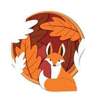 Cute fox with some autumn leaves Autumn paper art Vector illustration