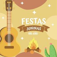 cartel de festa junina con una fogata de guitarra y una ilustración de vector de cactus