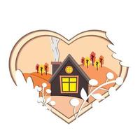 Wooden house on autumn background on heart shape Vector illustration