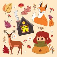 Seamless pattern background with autumn animal and leaves Vector illustration