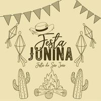 Poster with sketches of cactus and campfire Festa Junina template Vector illustration