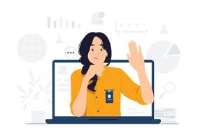 mujer de negocios hace videollamadas de negocios, teletrabajo, seminarios web, usa una computadora portátil para hablar con colegas, aprendizaje en línea e ilustración de concepto de trabajo remoto vector