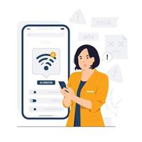 Internet disconnection with Unhappy young woman looking at the phone, feeling angry about bad device work, lost data. Anxious male user dissatisfied with service concept illustration vector