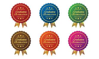 Graduation celebration badge label emblem in various colors, seal emblem with gold ribbon and star element vector