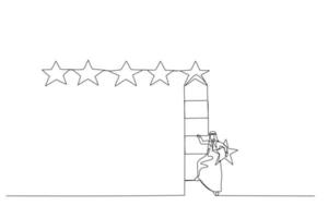 Cartoon of arab businessman holding 5th star climb up ladder to put on best rating. Concept of customer feedback. Single continuous line art vector