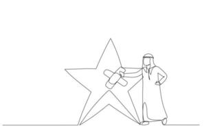 Drawing of arab businessman fix broken rating star with bandage. Metaphor for reputation management. Single continuous line art style vector