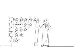 Drawing of arab businessman holding pencil to evaluate star feedback. Metaphor for evaluation. One line art style vector