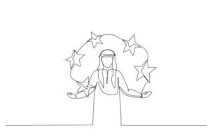 Drawing of five stars performance score by arab businessman. Metaphor for feedback and comments. One line art style vector