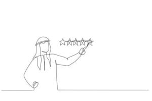 Drawing of arab businessman giving 5 stars rating. Metaphor for best quality. One line art style vector