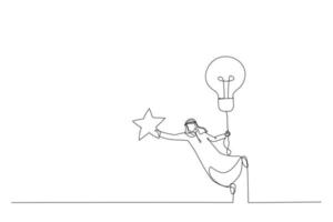 Cartoon of arab businessman flying with lightbulb idea to catch star in the sky. Metaphor for innovation. Single line art style vector