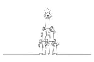 Illustration of teamwork arab businessman pyramid to reach star. Continuous line art vector