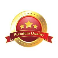 Gold premium quality badge with red ribbon and star element, luxury circle emblem in golden gradient color vector