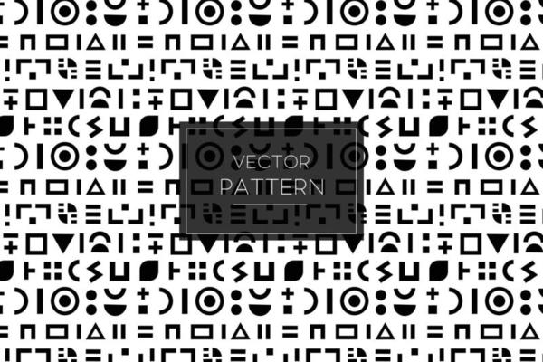 Geometric black shapes tribal style seamless repeat pattern on a white background