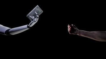 Robot hand giving money to human. Depicting robot tax and sharing profit from automation increasing business productivity. video