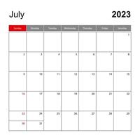 Wall calendar template for July 2023. Holiday and event planner, week starts on Sunday. vector