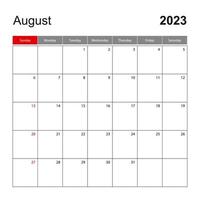 plantilla de calendario de pared para agosto de 2023. planificador de vacaciones y eventos, la semana comienza el domingo. vector