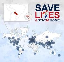 mapa mundial con casos de coronavirus enfocados en paraguay, enfermedad covid-19 en paraguay. eslogan salvar vidas con la bandera de paraguay. vector