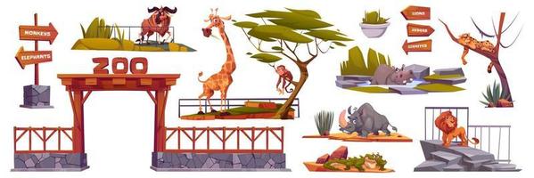 conjunto de vectores de dibujos animados de elementos de paisaje de zoológico aislado