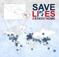 mapa mundial con casos de coronavirus enfocados en el salvador, enfermedad covid-19 en el salvador. lema salva vidas con la bandera de el salvador. vector