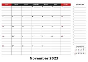 November 2023 Monthly Desk Pad Calendar week starts from sunday, size A3. vector