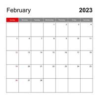 plantilla de calendario de pared para febrero de 2023. planificador de vacaciones y eventos, la semana comienza el domingo. vector