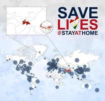 mapa mundial con casos de coronavirus enfocados en tayikistán, enfermedad covid-19 en tayikistán. eslogan salva vidas con la bandera de tayikistán. vector