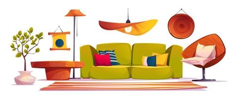 Living room interior with sofa, chair, bookshelves vector