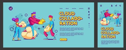 Cloud collaboration, teamwork landing page, banner vector