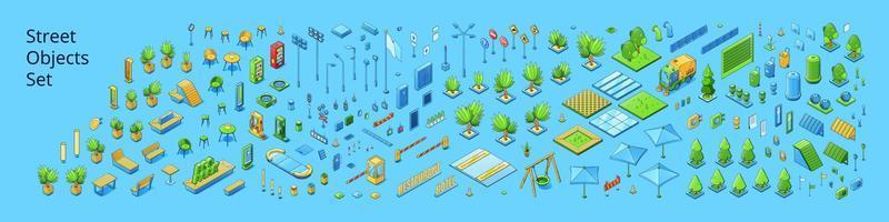 Street objects set, isometric trees, road signs vector