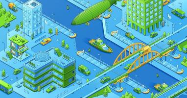 Isometric cityscape with buildings, transport vector