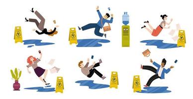 People slip and fall down on wet floor vector