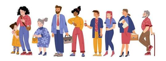 Diverse people standing in queue side view vector