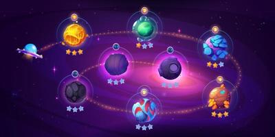 Space game level map with spaceship and planets vector