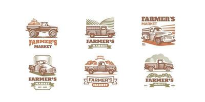 Farmer market labels or emblems harvester trucks vector