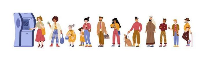 People queue at atm. Diverse characters in line vector