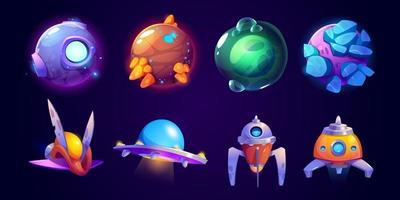 Alien spaceship, fantasy planet ufo game icons set vector