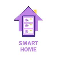 aplicación de hogar inteligente con sistema de control, casa ecológica en segundo plano y pose familiar, tecnología y concepto de estilo de vida vector