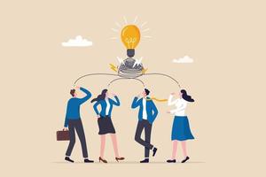 Brainstorming idea, team meeting or discussion for business solution or inspiration, teamwork creativity or collaboration for success concept, business men and women brainstorming new lightbulb idea. vector