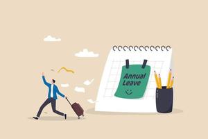 Annual leave, take day off or vacation to rest and relax from hard work, time or schedule reminder of annual leave concept, happy businessman running with luggage from calendar with annual leave note. vector