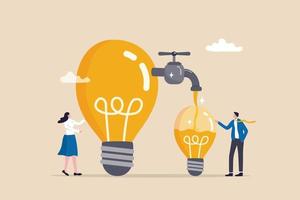 Sharing idea or knowledge sharing, transfer information or wisdom to employees or colleagues, creativity or innovation, learning new skills concept, business people transfer idea to new lightbulb. vector