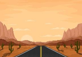 carretera en el paisaje del juego de píxeles de 8 bits del desierto vector