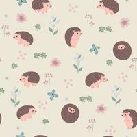 Seamless pattern with cute hedgehogs and flowers. Vector graphics.