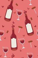 Wine seamless pattern with bottles and glasses. Vector graphics.