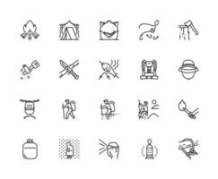 camping and hiking icons set, line drawings simple design vector