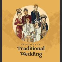 conjunto de bodas tradicionales indonesias en javanés, sundanese y yogyakarta ilustración dibujada a mano vector