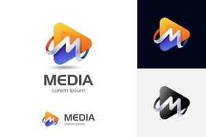 vector Media Play with Letter M Logo Design, Media Player Logo Icon, Modern Play Button Logo, 3d letter m triangle logo template